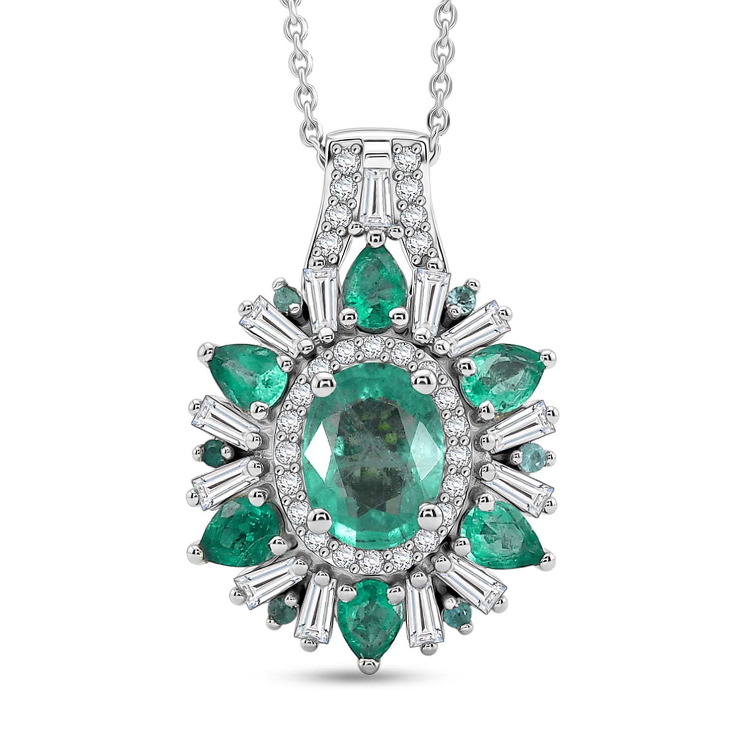 D'Joy Premium Kagem Zambian Emerald and Multi Gemstone 2.85 ctw Sunburst Pendant Necklace in Rhodium Over Sterling Silver (20 In