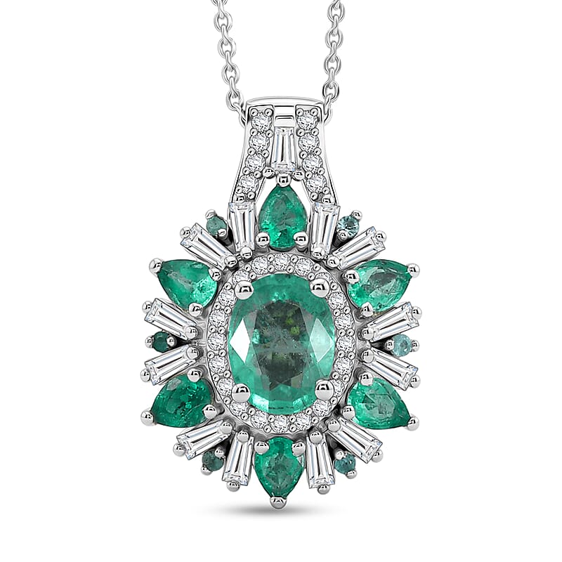 D'Joy Premium Kagem Zambian Emerald and Multi Gemstone 2.85 ctw Sunburst Pendant Necklace in Rhodium Over Sterling Silver (20 Inches)