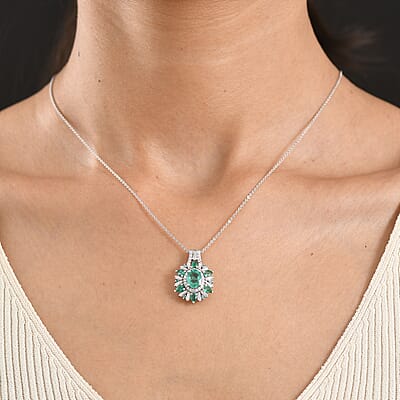 D'Joy Premium Kagem Zambian Emerald and Multi Gemstone 2.85 ctw Sunburst Pendant Necklace in Rhodium Over Sterling Silver (20 Inches)