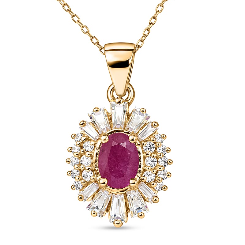 D'Joy Montepuez Ruby, Moissanite Pendant Necklace in 18K Vermeil YG Over Sterling Silver 2.10 ctw (20 Inches)