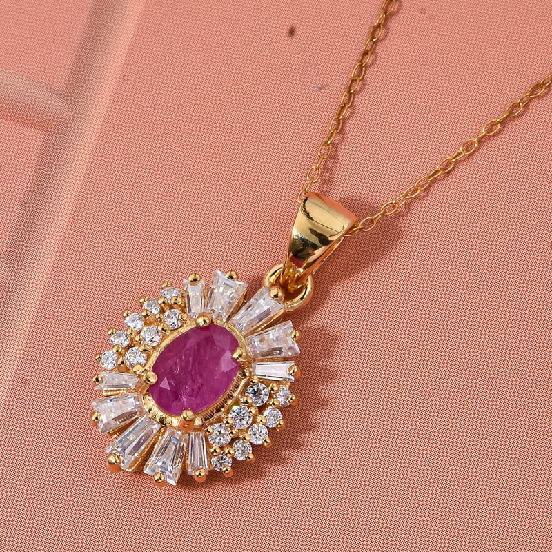 D'Joy Montepuez Ruby, Moissanite Pendant Necklace in 18K Vermeil YG Over Sterling Silver 2.10 ctw (20 Inches)