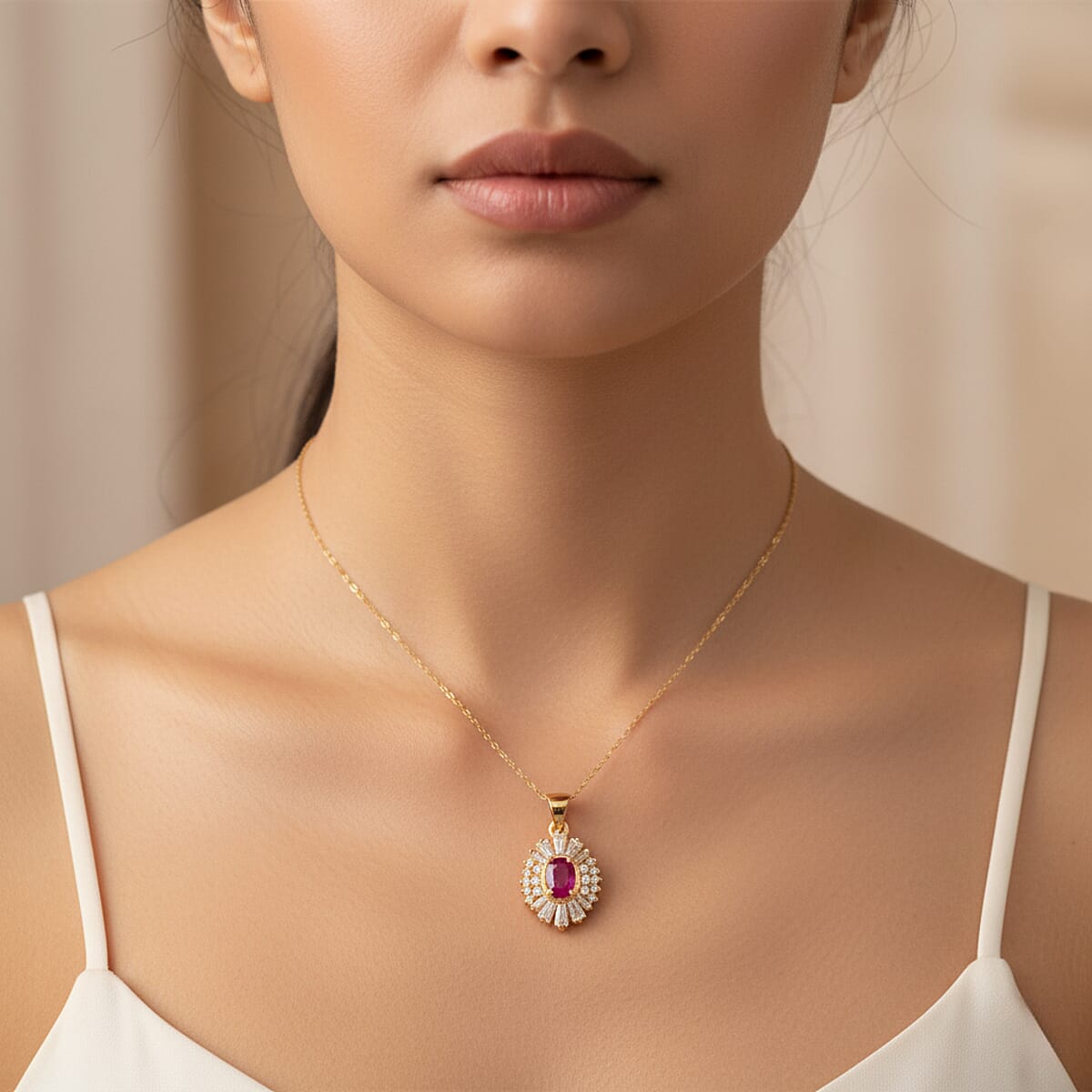 D'Joy Mozambique Ruby, Moissanite Pendant Necklace in 18K Vermeil YG Over Sterling Silver 2.10 ctw (20 Inches) image number 2