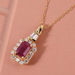 D'Joy Montepuez Ruby, Moissanite Pendant Necklace in 18K Vermeil YG Over Sterling Silver 1.00 ctw (20 Inches)
