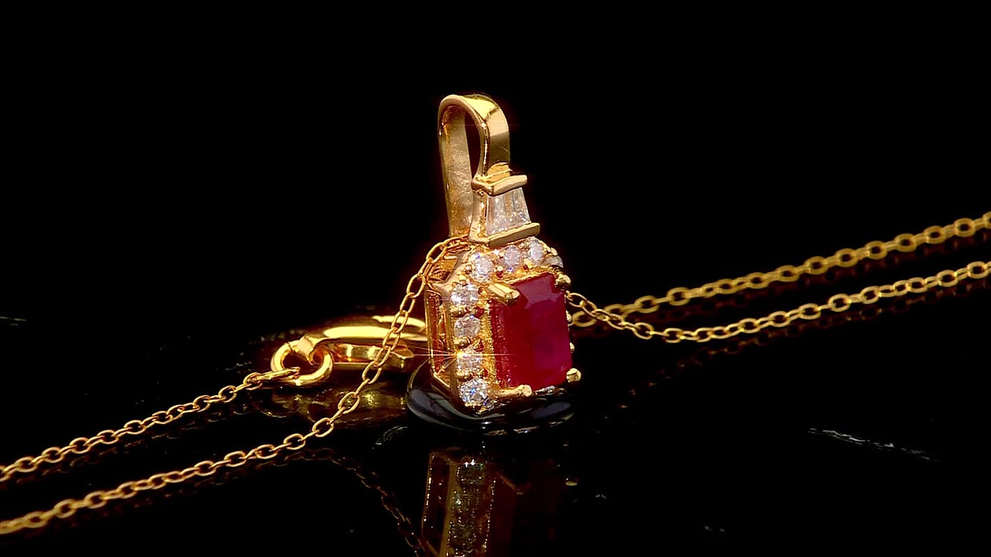 D'Joy Montepuez Ruby, Moissanite Pendant Necklace in 18K Vermeil YG Over Sterling Silver 1.00 ctw (20 Inches)