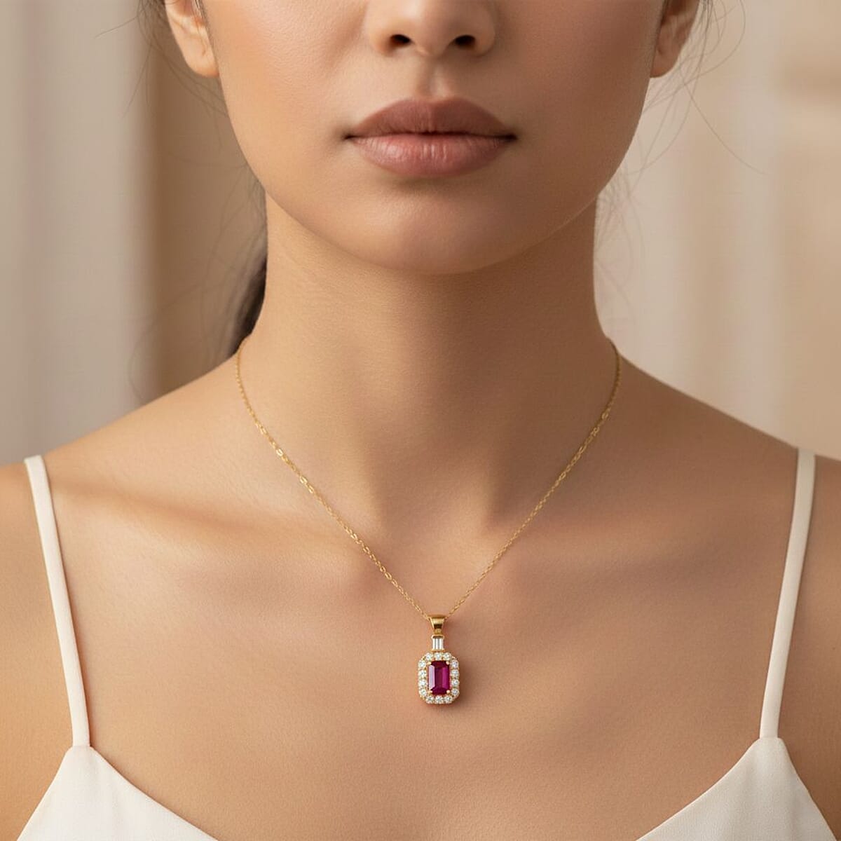 D'Joy Mozambique Ruby, Moissanite Pendant Necklace in 18K Vermeil YG Over Sterling Silver 1.00 ctw (20 Inches) image number 2