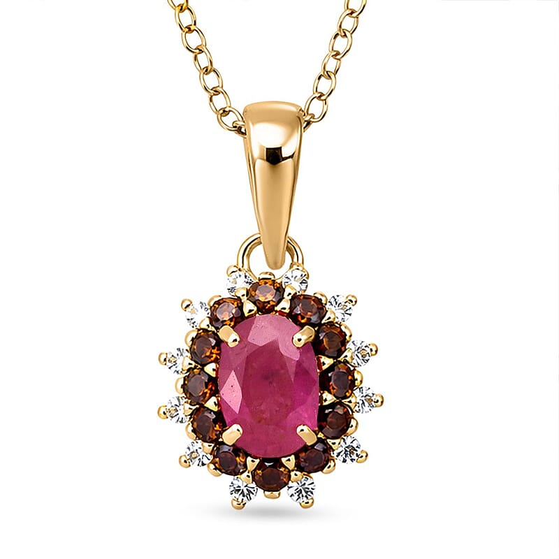D'Joy Montepuez Ruby, White and Coffee Zircon Pendant Necklace in 18K Vermeil YG Over Sterling Silver 1.15 ctw (20 Inches)