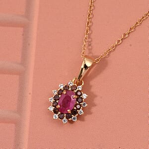 D'Joy Montepuez Ruby, White and Coffee Zircon Pendant Necklace in 18K Vermeil YG Over Sterling Silver 1.15 ctw (20 Inches)