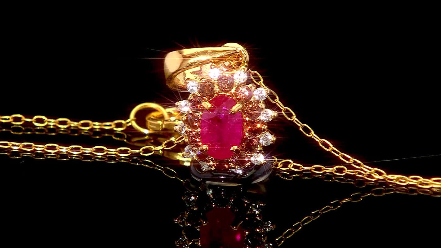 D'Joy Montepuez Ruby, White and Coffee Zircon Pendant Necklace in 18K Vermeil YG Over Sterling Silver 1.15 ctw (20 Inches)