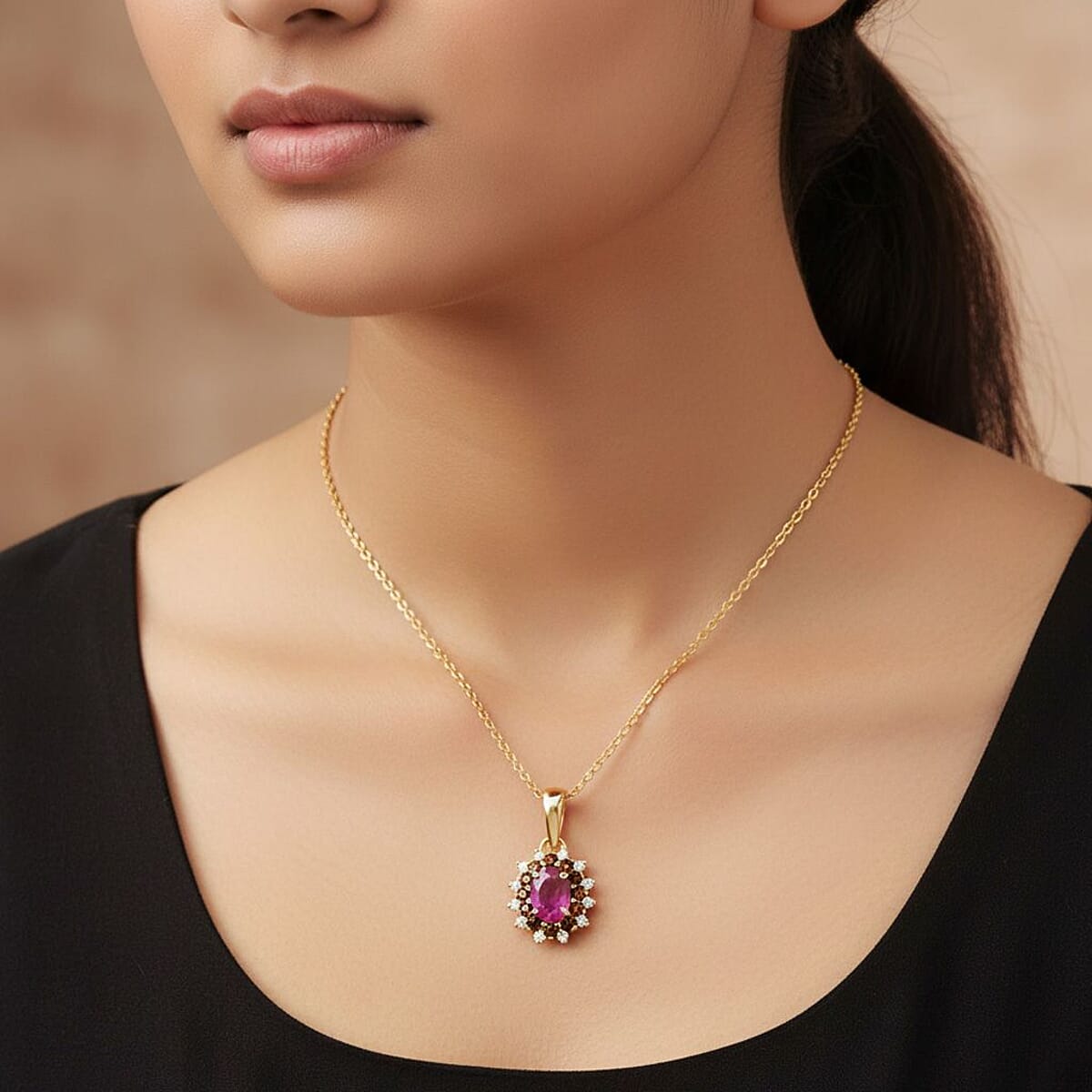 D'Joy Mozambique Ruby, White and Coffee Zircon Pendant Necklace in 18K Vermeil YG Over Sterling Silver 1.15 ctw (20 Inches) image number 2