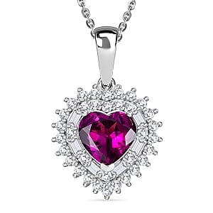 D'Joy AAA Radiant Ember Garnet and Moissanite 1.70 ctw Heart Royale Pendant Necklace in Rhodium Over Sterling Silver 20 Inches 