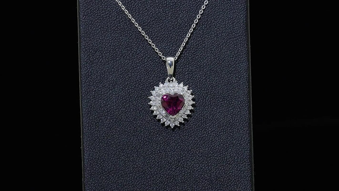 D'Joy AAA Radiant Ember Garnet and Moissanite 1.85 ctw Heart Royale Pendant Necklace in Rhodium Over Sterling Silver 20 Inches