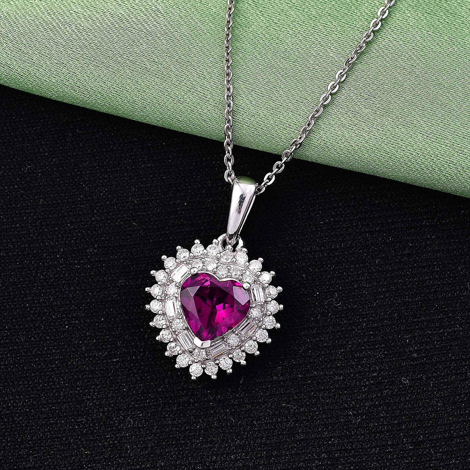 D'Joy AAA Radiant Ember Garnet and Moissanite 1.85 ctw Heart Royale Pendant Necklace in Rhodium Over Sterling Silver 20 Inches