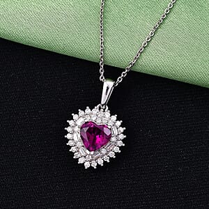 D'Joy AAA Radiant Ember Garnet and Moissanite 1.70 ctw Heart Royale Pendant Necklace in Rhodium Over Sterling Silver 20 Inches 