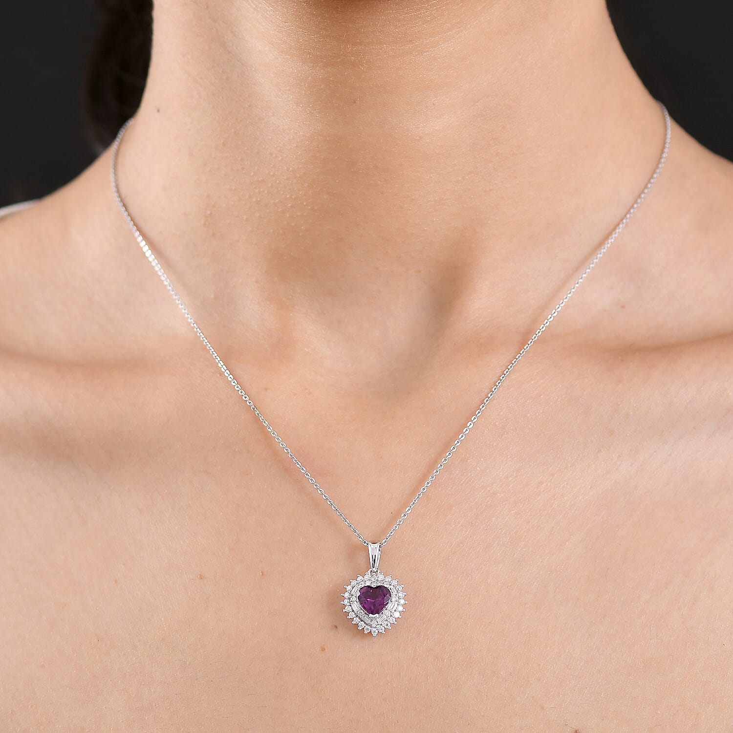 D'Joy AAA Radiant Ember Garnet and Moissanite 1.85 ctw Heart Royale Pendant Necklace in Rhodium Over Sterling Silver 20 Inches