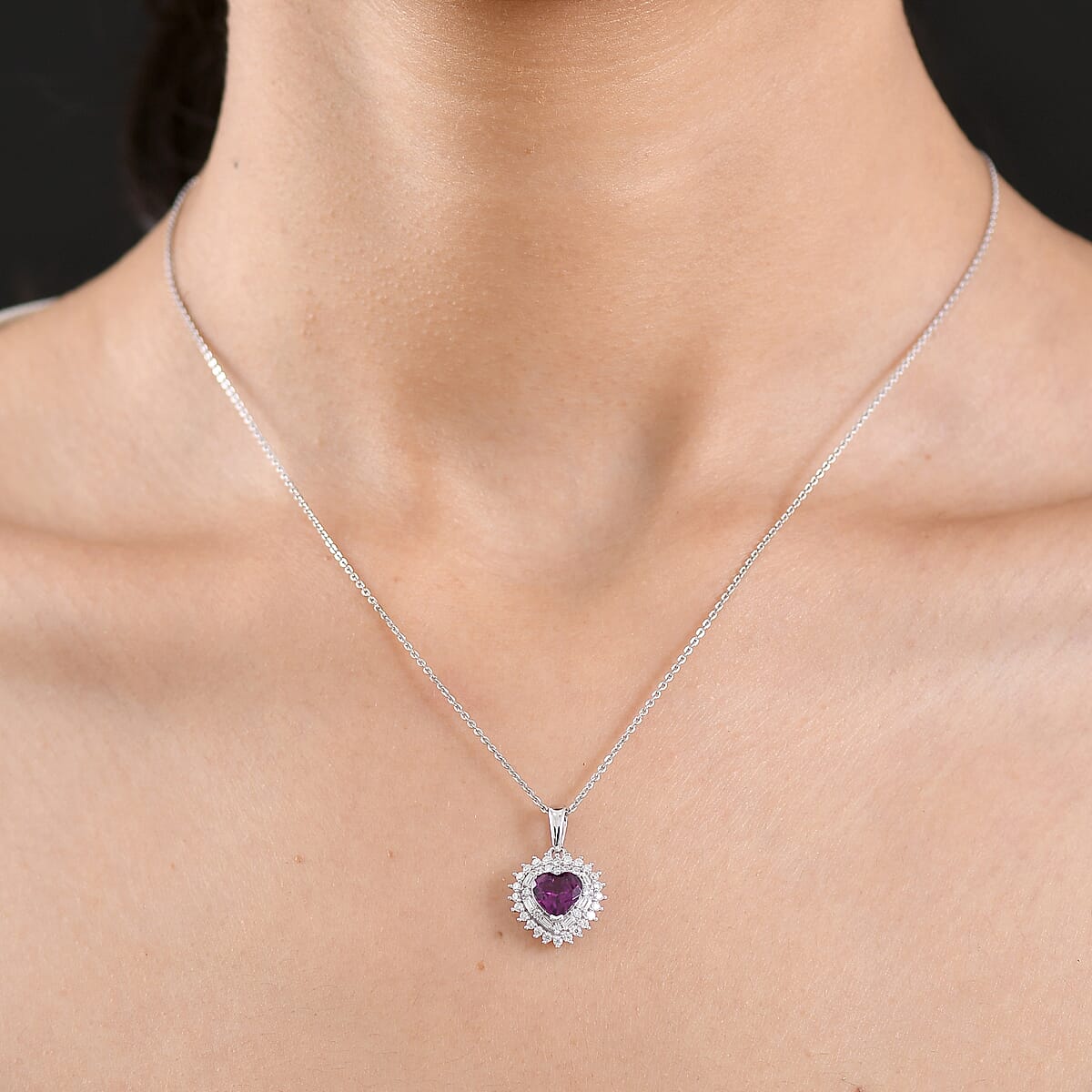 D'Joy AAA Radiant Ember Garnet and Moissanite 1.70 ctw Heart Royale Pendant Necklace in Rhodium Over Sterling Silver 20 Inches  image number 2