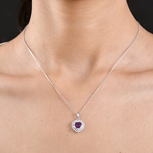 D'Joy AAA Radiant Ember Garnet and Moissanite 1.70 ctw Heart Royale Pendant Necklace in Rhodium Over Sterling Silver 20 Inches 