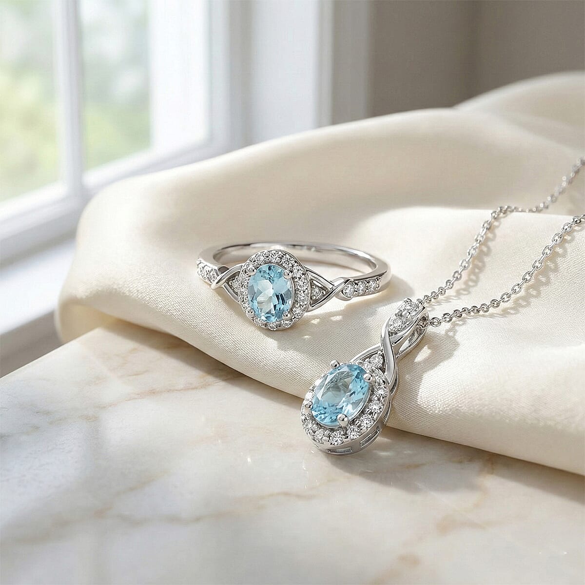 D'Joy Premium Mangoro Aquamarine and White Zircon 1.00 ctw Ring (Size 6.0) and Pendant Necklace (20 Inches) in Rhodium Over Sterling Silver(Del. In 10-12 Days) image number 1