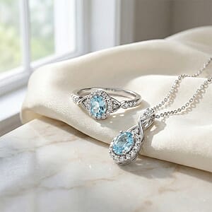 D'Joy Premium Mangoro Aquamarine and White Zircon 1.00 ctw Ring (Size 6.0) and Pendant Necklace (20 Inches) in Rhodium Over Sterling Silver(Del. In 10-12 Days)