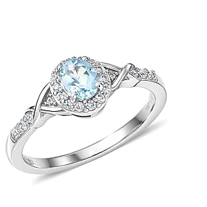 D'Joy Premium Mangoro Aquamarine and White Zircon 1.00 ctw Ring (Size 6.0) and Pendant Necklace (20 Inches) in Rhodium Over Sterling Silver(Del. In 10-12 Days)