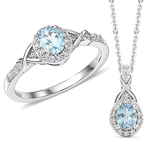 D'Joy Premium Mangoro Aquamarine and White Zircon 1.00 ctw Ring (Size 8.0) and Pendant Necklace (20 Inches) in Rhodium Over Sterling Silver(Del. In 10-12 Days)
