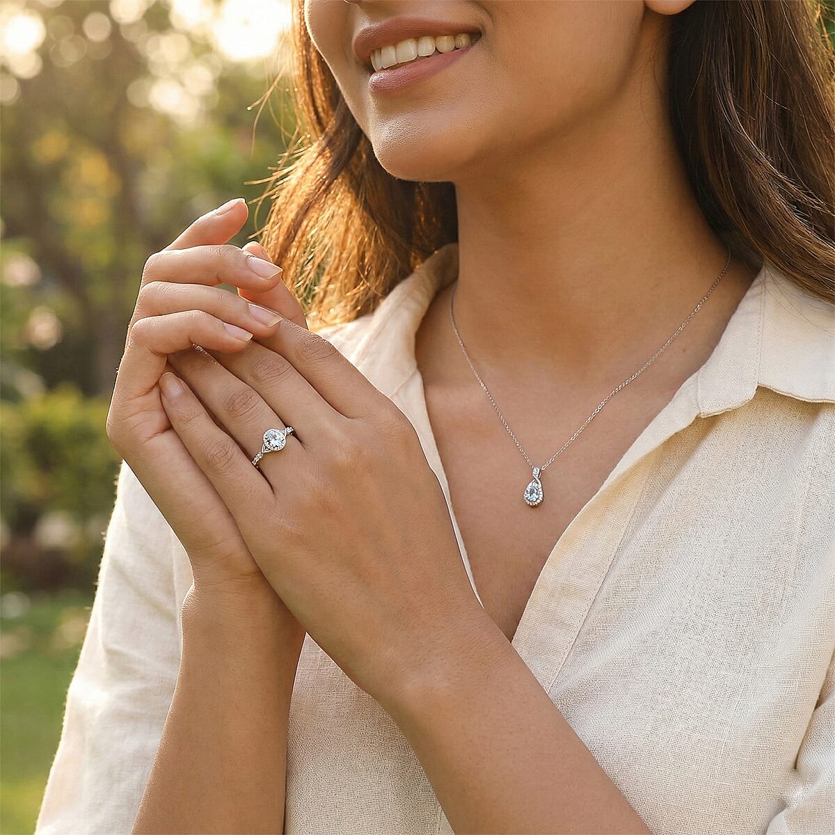 D'Joy Premium Mangoro Aquamarine and White Zircon 1.00 ctw Ring (Size 9.0) and Pendant Necklace (20 Inches) in Rhodium Over Sterling Silver(Del. In 10-12 Days) image number 2