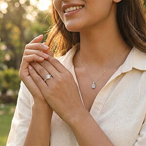 D'Joy Premium Mangoro Aquamarine and White Zircon 1.00 ctw Ring (Size 9.0) and Pendant Necklace (20 Inches) in Rhodium Over Sterling Silver(Del. In 10-12 Days)