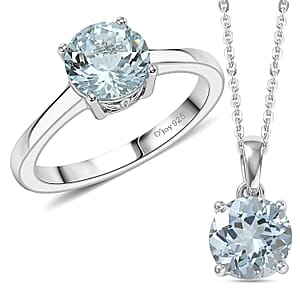 D'Joy Premium Mangoro Aquamarine Ring (Size 6.0) and Pendant Necklace (20 Inches) in Rhodium Over Sterling Silver 1.60 ctw(Del. In 10-12 Days)