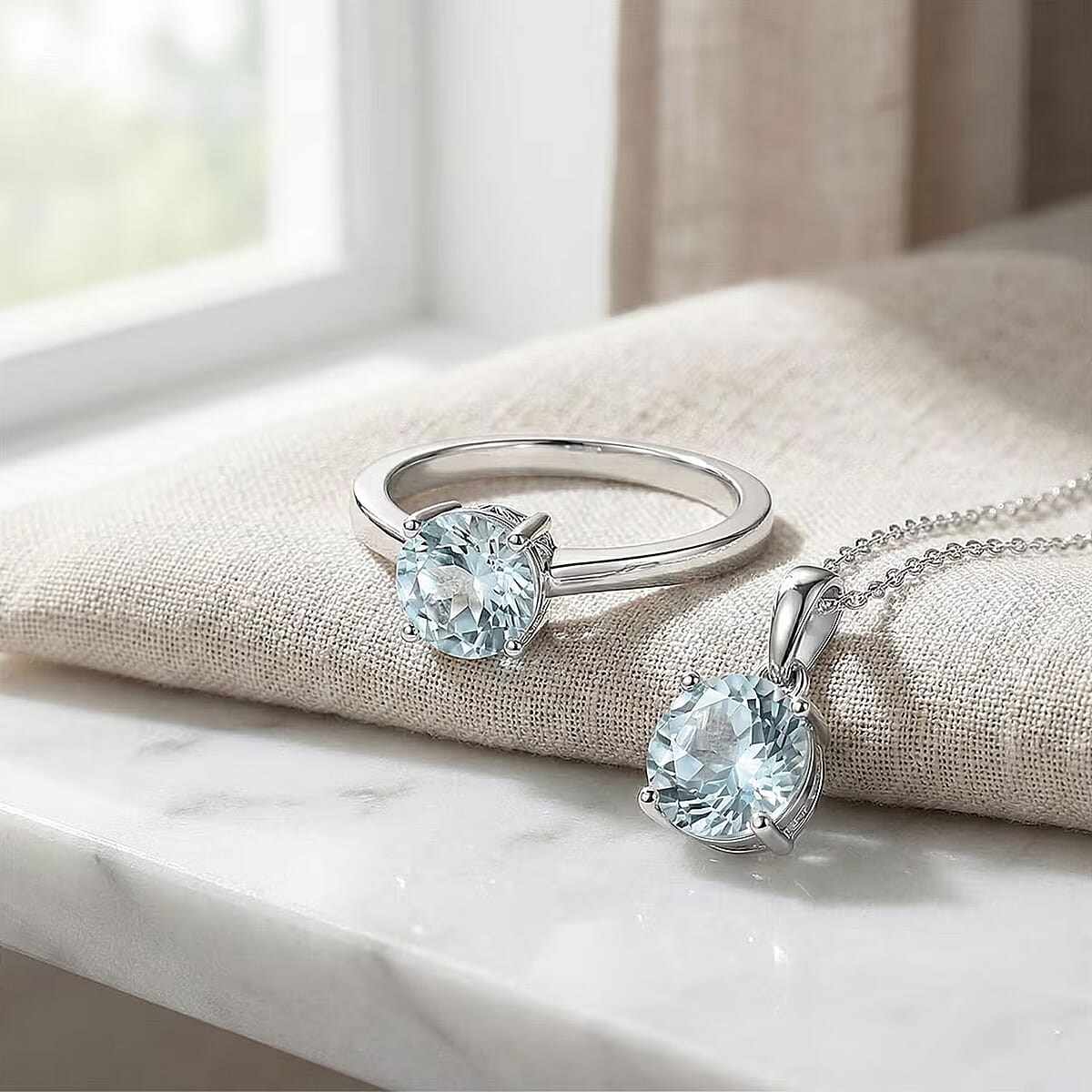 D'Joy Premium Mangoro Aquamarine Ring (Size 6.0) and Pendant Necklace (20 Inches) in Rhodium Over Sterling Silver 1.60 ctw(Del. In 10-12 Days) image number 4