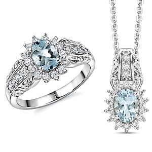 D'Joy Premium Mangoro Aquamarine and White Zircon 2.35 ctw Ring (Size 5.0) and Pendant Necklace (20 Inches) in Rhodium Over Sterling Silver(Del. In 10-12 Days)