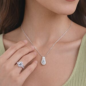 D'Joy Premium Mangoro Aquamarine and White Zircon 2.35 ctw Ring (Size 6.0) and Pendant Necklace (20 Inches) in Rhodium Over Sterling Silver(Del. In 10-12 Days)