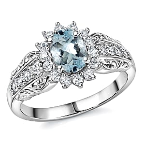 D'Joy Premium Mangoro Aquamarine and White Zircon 2.35 ctw Ring (Size 6.0) and Pendant Necklace (20 Inches) in Rhodium Over Sterling Silver(Del. In 10-12 Days)