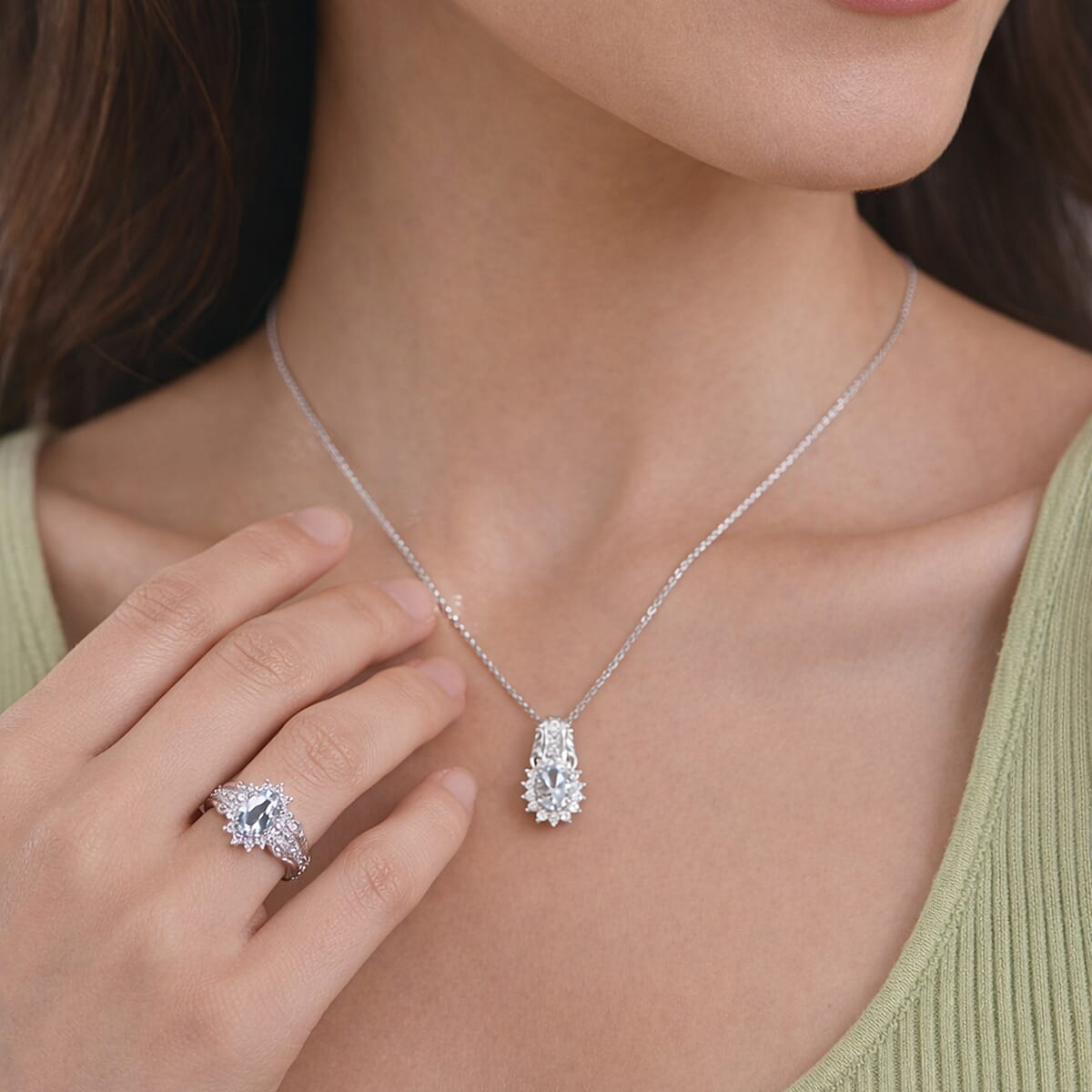 D'Joy Premium Mangoro Aquamarine and White Zircon 2.35 ctw Ring (Size 8.0) and Pendant Necklace (20 Inches) in Rhodium Over Sterling Silver(Del. In 10-12 Days) image number 2