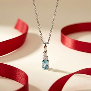 D'Joy Cambodian Blue Zircon and Moissanite 1.50 ctw Pendant Necklace in Rhodium Over Sterling Silver 20 Inches 