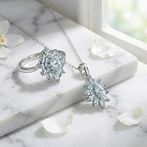 D'Joy Premium Mangoro Aquamarine and White Zircon 3.00 ctw Ring (Size 6.0) and Pendant Necklace (20 Inches) in Rhodium Over Sterling Silver(Del. In 10-12 Days)