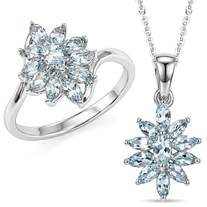 D'Joy Premium Mangoro Aquamarine and White Zircon 3.00 ctw Ring (Size 9.0) and Pendant Necklace (20 Inches) in Rhodium Over Sterling Silver(Del. In 10-12 Days)