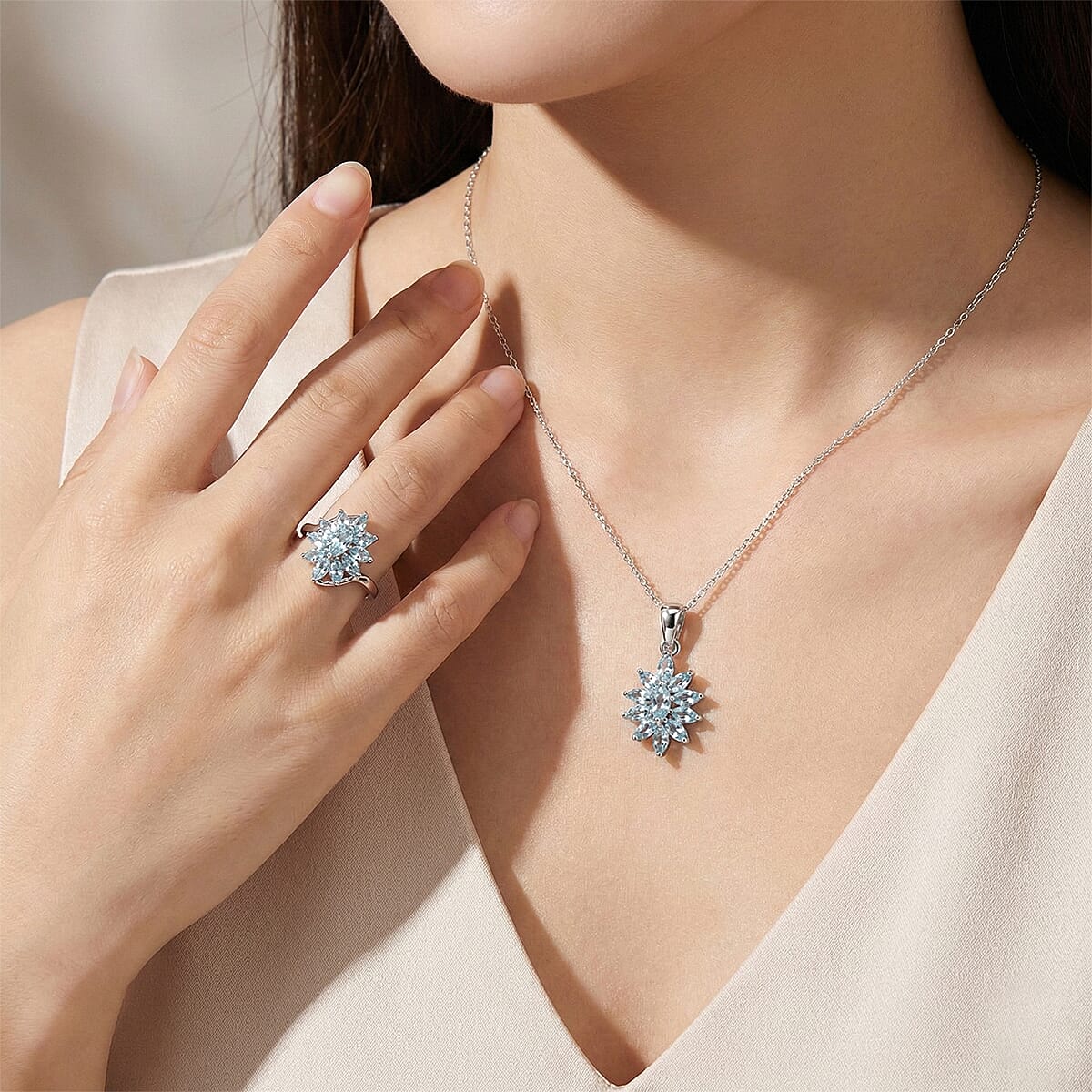 D'Joy Premium Mangoro Aquamarine and White Zircon 3.00 ctw Ring (Size 9.0) and Pendant Necklace (20 Inches) in Rhodium Over Sterling Silver(Del. In 10-12 Days) image number 2