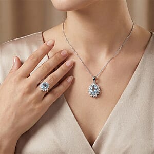 D'Joy Mangoro Aquamarine, White Zircon Ring (Size 5.0) and Pendant Necklace (20 Inches) in Rhodium Over Sterling Silver 2.20 ctw