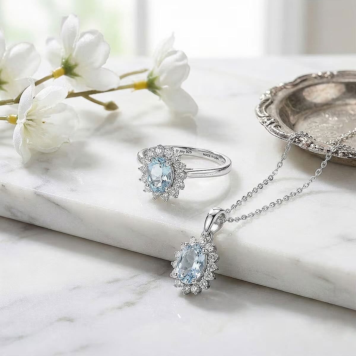 D'Joy Mangoro Aquamarine and White Zircon 2.20 ctw Ring (Size 6.0) and Pendant Necklace (20 Inches) in Rhodium Over Sterling Silver(Del. In 10-12 Days) image number 4