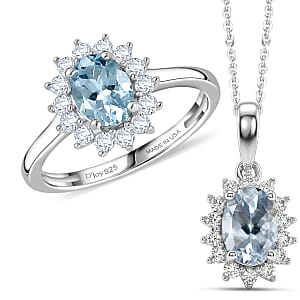 D'Joy Mangoro Aquamarine and White Zircon 2.20 ctw Ring (Size 9.0) and Pendant Necklace (20 Inches) in Rhodium Over Sterling Silver(Del. In 10-12 Days)