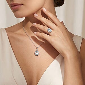 D'Joy Premium Mangoro Aquamarine and White Zircon 1.25 ctw Ring (Size 5.0) and Pendant Necklace (20 Inches) in Rhodium Over Sterling Silver(Del. In 10-12 Days)