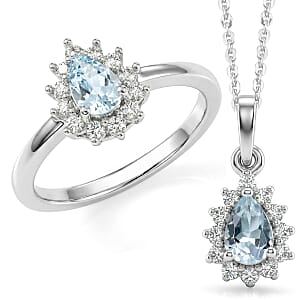 D'Joy Premium Mangoro Aquamarine and White Zircon 1.25 ctw Ring (Size 9.0) and Pendant Necklace (20 Inches) in Rhodium Over Sterling Silver(Del. In 10-12 Days)