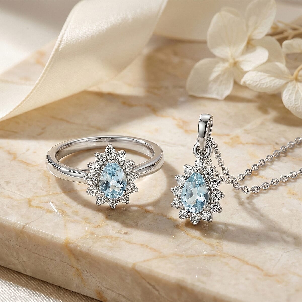 D'Joy Premium Mangoro Aquamarine and White Zircon 1.25 ctw Ring (Size 9.0) and Pendant Necklace (20 Inches) in Rhodium Over Sterling Silver(Del. In 10-12 Days) image number 1