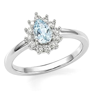 D'Joy Premium Mangoro Aquamarine and White Zircon 1.25 ctw Ring (Size 9.0) and Pendant Necklace (20 Inches) in Rhodium Over Sterling Silver(Del. In 10-12 Days)