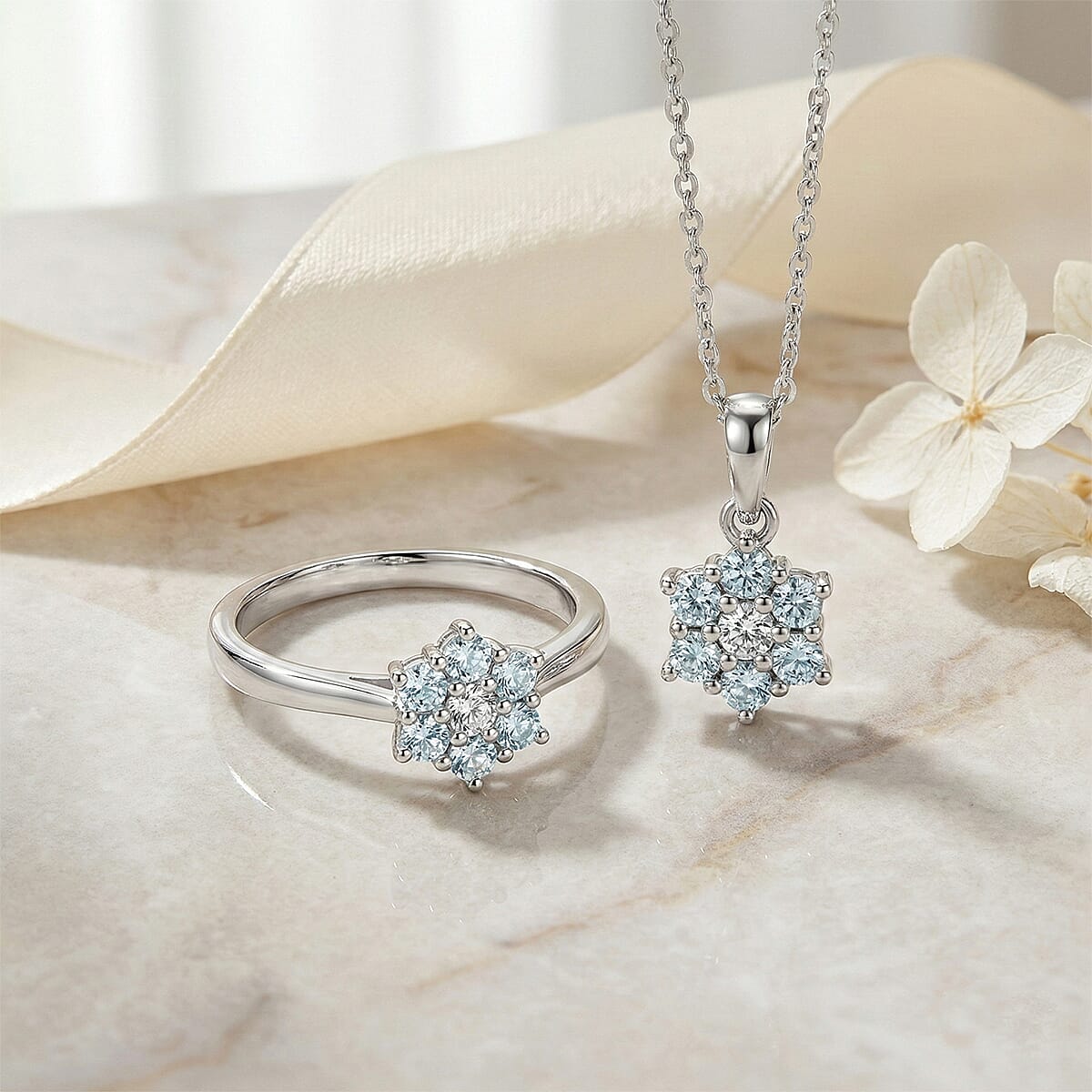 D'Joy Premium Mangoro Aquamarine and White Zircon 1.00 ctw Ring (Size 5.0) and Pendant Necklace (20 Inches) in Rhodium Over Sterling Silver(Del. In 10-12 Days) image number 1