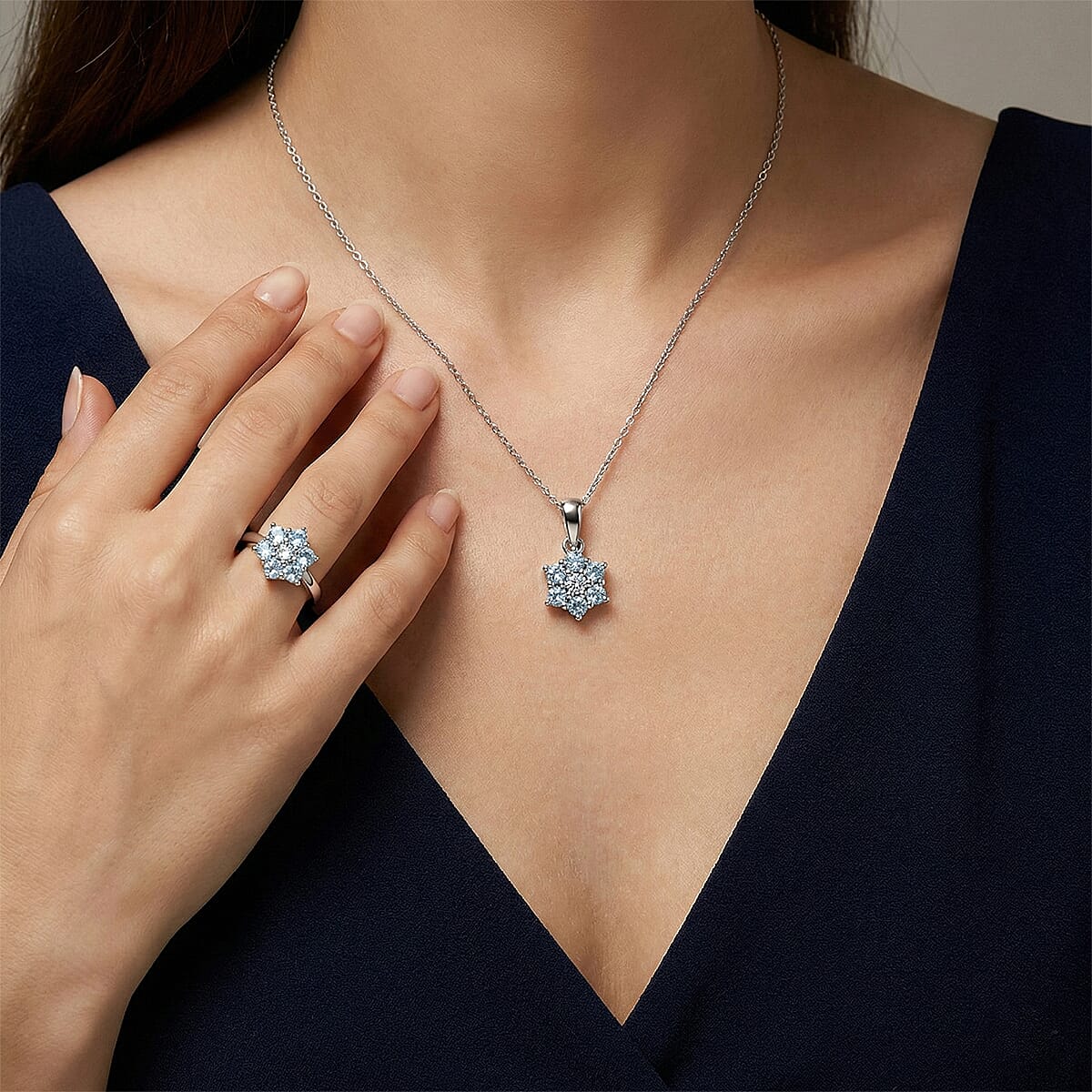 D'Joy Premium Mangoro Aquamarine and White Zircon 1.00 ctw Ring (Size 5.0) and Pendant Necklace (20 Inches) in Rhodium Over Sterling Silver(Del. In 10-12 Days) image number 2