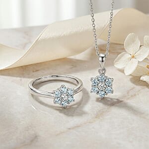 D'Joy Premium Mangoro Aquamarine and White Zircon 1.00 ctw Ring (Size 7.0) and Pendant Necklace (20 Inches) in Rhodium Over Sterling Silver(Del. In 10-12 Days)