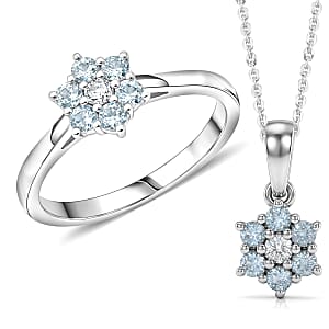 D'Joy Premium Mangoro Aquamarine and White Zircon 1.00 ctw Ring (Size 8.0) and Pendant Necklace (20 Inches) in Rhodium Over Sterling Silver(Del. In 10-12 Days)