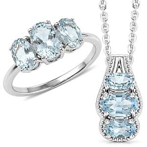 D'Joy Premium Mangoro Aquamarine and White Zircon 3.80 ctw Ring (Size 5.0) and Pendant Necklace (20 Inches) in Rhodium Over Sterling Silver(Del. In 10-12 Days)