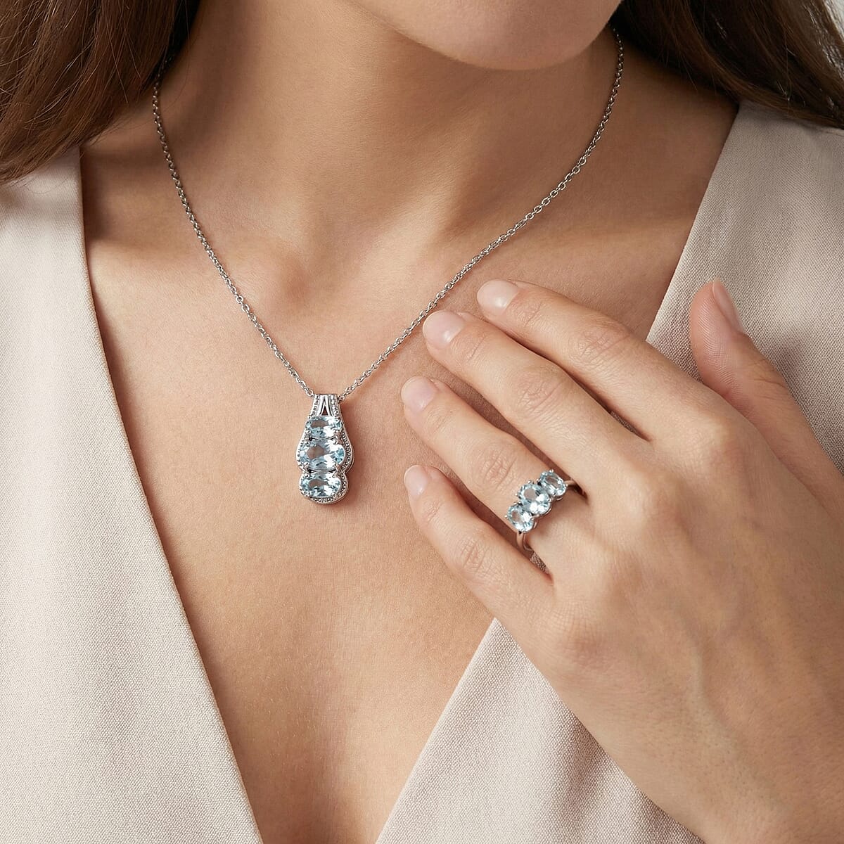 D'Joy Premium Mangoro Aquamarine and White Zircon 3.80 ctw Ring (Size 5.0) and Pendant Necklace (20 Inches) in Rhodium Over Sterling Silver(Del. In 10-12 Days) image number 2