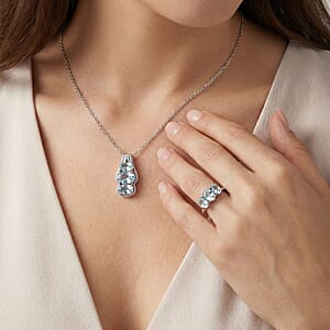 D'Joy Premium Mangoro Aquamarine and White Zircon 3.80 ctw Ring (Size 6.0) and Pendant Necklace (20 Inches) in Rhodium Over Sterling Silver(Del. In 10-12 Days)